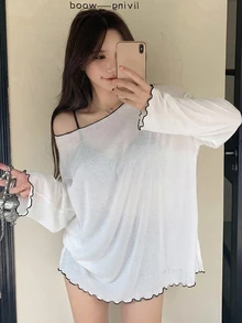 DAZY 女款拼色休閒性感百搭日常長袖T恤，白色與黑色，適合度假、秋季、日常約會，寬鬆大尺寸女款T恤 - 白色 - 查看 1