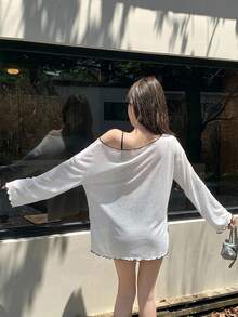 DAZY 女款拼色休閒性感百搭日常長袖T恤，白色與黑色，適合度假、秋季、日常約會，寬鬆大尺寸女款T恤 - 白色 - 查看 5