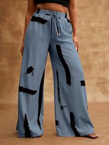 Vixey Printed Woven Drawstring Waistband Wide Leg Vacation Pants - Blue - View 2