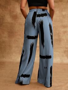Vixey Printed Woven Drawstring Waistband Wide Leg Vacation Pants - Blue - View 4