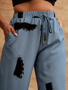 Vixey Printed Woven Drawstring Waistband Wide Leg Vacation Pants - Blue - View 3