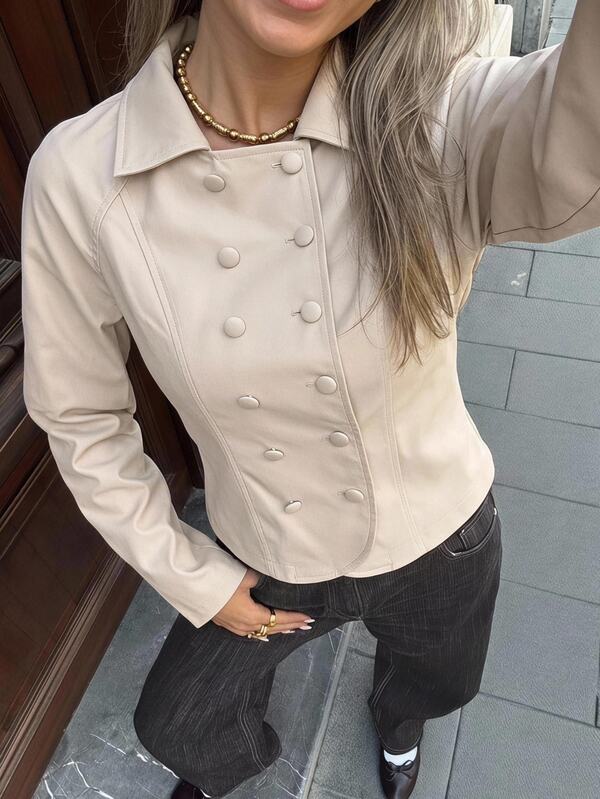 SHEIN EZwear Chaqueta de mujer de doble botonadura tejida en color albaricoque