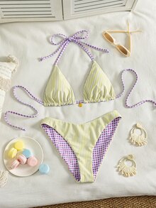Swim Mod 女款夏季海灘度假甜美黃色條紋與紫色格紋可正反穿比基尼泳衣套裝 - 彩色 - 查看 3