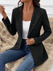 SHEIN Clasi 女款優雅秋季格紋西裝外套，百搭長袖夾克，適合日常穿著與通勤，經典格紋大衣 - 黑色 - 查看 3