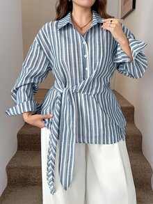 SHEIN LUNE Plus Size Blue And White Button Long Sleeve Business Waist-Cinching Shirt For Office Formal Vacation Work Autumn Casual Sailor Normal Fall - Blue - View 6