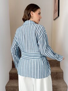 SHEIN LUNE Plus Size Blue And White Button Long Sleeve Business Waist-Cinching Shirt For Office Formal Vacation Work Autumn Casual Sailor Normal Fall - Blue - View 2