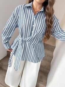 SHEIN LUNE Plus Size Blue And White Button Long Sleeve Business Waist-Cinching Shirt For Office Formal Vacation Work Autumn Casual Sailor Normal Fall - Blue - View 1