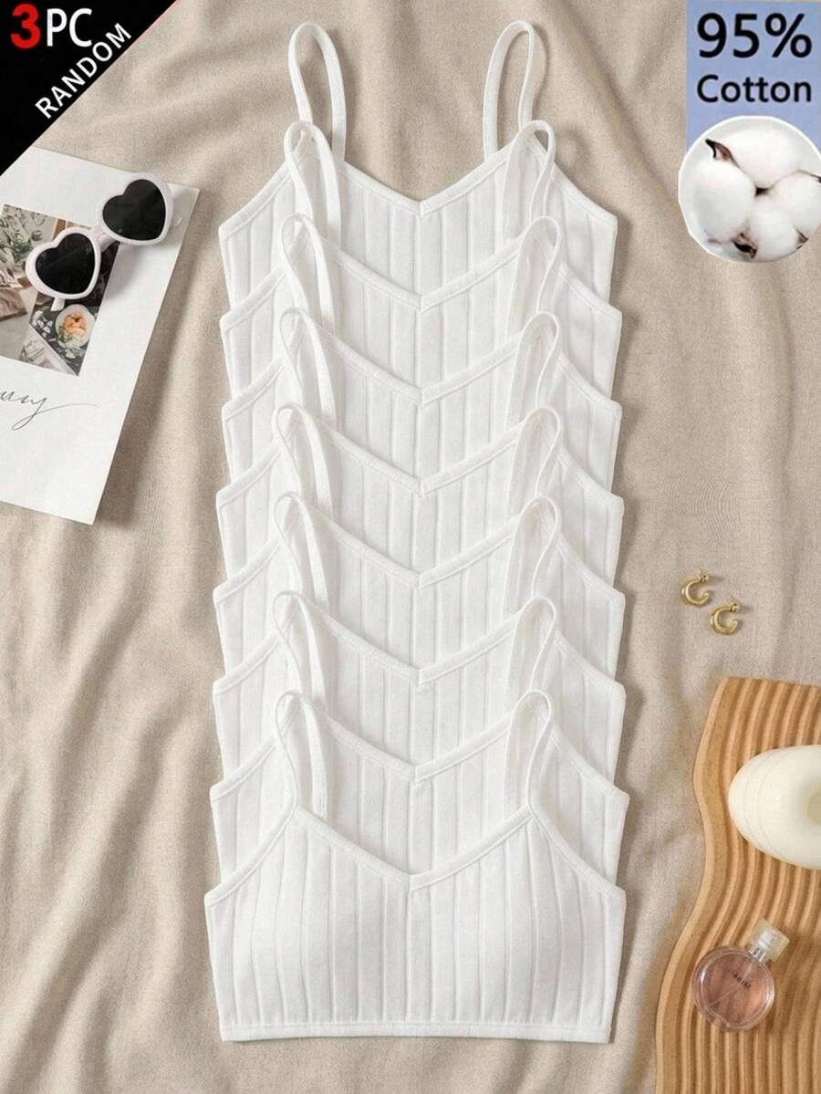 SHEIN Tween Girl Tween Girl 3pcs Tween Girl Solid Color Ribbed Camisole Tank Tops - White - View 1