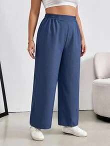 SHEIN Essnce Plus Size Women's Solid Color Pleated Wide Leg Loose Long Pants With Pockets Fall - Blue - View 3