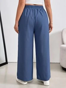 SHEIN Essnce Plus Size Women's Solid Color Pleated Wide Leg Loose Long Pants With Pockets Fall - Blue - View 2