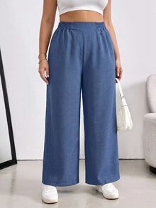 SHEIN Essnce Plus Size Women's Solid Color Pleated Wide Leg Loose Long Pants With Pockets Fall - Blue - View 4