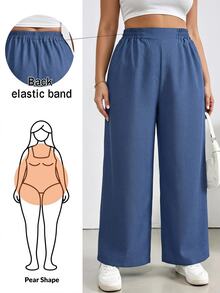 SHEIN Essnce Plus Size Women's Solid Color Pleated Wide Leg Loose Long Pants With Pockets Fall - Blue - View 1