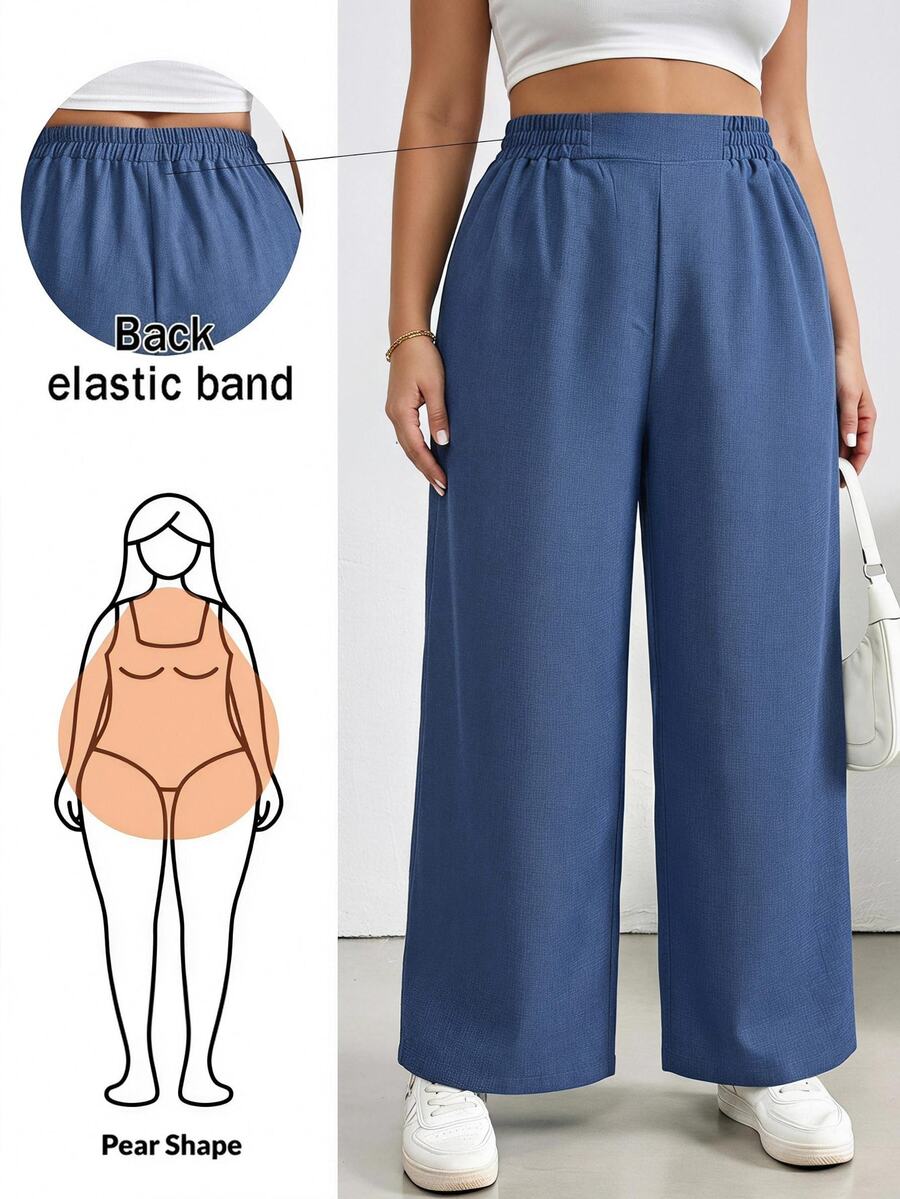 SHEIN Essnce Plus Size Women's Solid Color Pleated Wide Leg Loose Long Pants With Pockets Fall - Blue - View 1