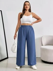 SHEIN Essnce Plus Size Women's Solid Color Pleated Wide Leg Loose Long Pants With Pockets Fall - Blue - View 5