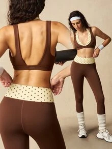 VARSIVA Women's Fashion Polka Dot Print Patchwork 2 In 1 Tank Top And High Waist Slim Fit Leggings Sports Set - Multicolor - View 7
