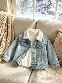 SHEIN Baby Girl Blue Denim Fleece Collar Loose Long Sleeve Jacket, Autumn/Winter - Medium Wash - View 2