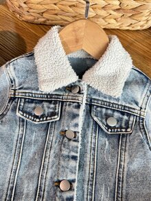 SHEIN Baby Girl Blue Denim Fleece Collar Loose Long Sleeve Jacket, Autumn/Winter - Medium Wash - View 5
