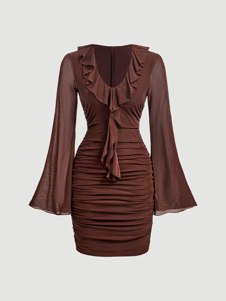 SHEIN MOD Elegant Brown Mini Dress With Ruched Trim Ruched Bodycon And Mesh Long Sleeves For Women,Ruched Dresses For Women - Brown - View 1