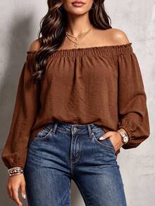 EMERY ROSE Plus Size Women's Casual Loose Ruffle Off-Shoulder Elastic Smocked Lantern Sleeve Blouse, Spring/Autumn Daily Versatile Style Fall - Coffee Brown - View 2