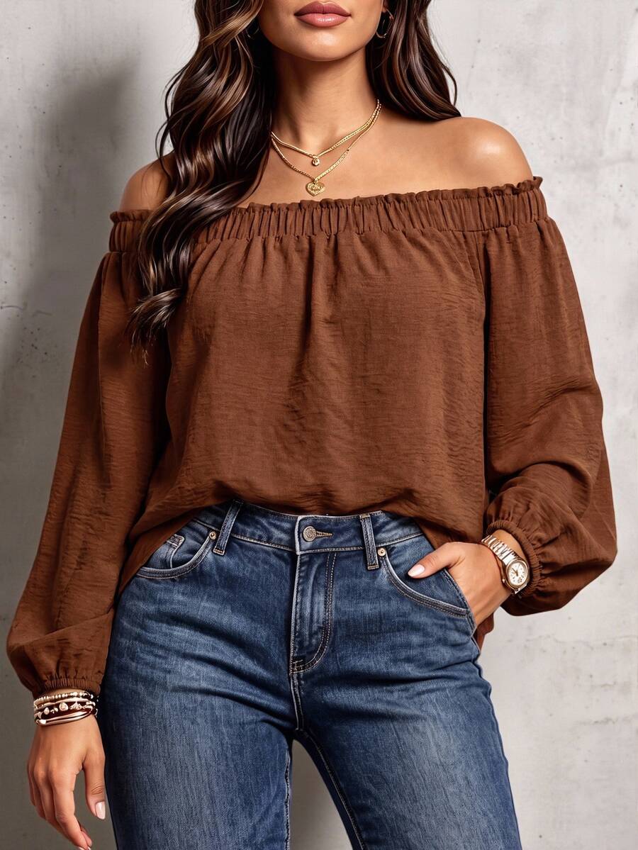 EMERY ROSE Plus Size Women's Casual Loose Ruffle Off-Shoulder Elastic Smocked Lantern Sleeve Blouse, Spring/Autumn Daily Versatile Style Fall