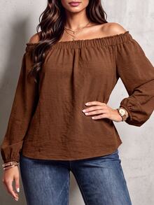 EMERY ROSE Plus Size Women's Casual Loose Ruffle Off-Shoulder Elastic Smocked Lantern Sleeve Blouse, Spring/Autumn Daily Versatile Style Fall - Coffee Brown - View 5
