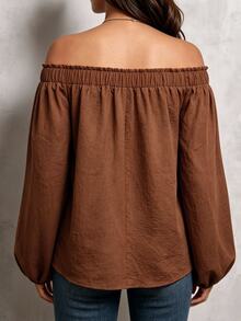 EMERY ROSE Plus Size Women's Casual Loose Ruffle Off-Shoulder Elastic Smocked Lantern Sleeve Blouse, Spring/Autumn Daily Versatile Style Fall - Coffee Brown - View 3