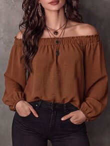EMERY ROSE Plus Size Women's Casual Loose Ruffle Off-Shoulder Elastic Smocked Lantern Sleeve Blouse, Spring/Autumn Daily Versatile Style Fall - Coffee Brown - View 7
