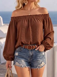 EMERY ROSE Plus Size Women's Casual Loose Ruffle Off-Shoulder Elastic Smocked Lantern Sleeve Blouse, Spring/Autumn Daily Versatile Style Fall - Coffee Brown - View 9