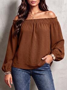 EMERY ROSE Plus Size Women's Casual Loose Ruffle Off-Shoulder Elastic Smocked Lantern Sleeve Blouse, Spring/Autumn Daily Versatile Style Fall - Coffee Brown - View 6