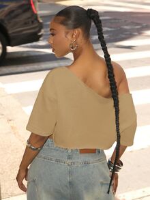 Denimoi Off Shoulder Raw Edge Crop Top Fashionable Streetwear Lounge Wear Everyday Wear - Khaki - View 3