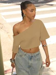 Denimoi Off Shoulder Raw Edge Crop Top Fashionable Streetwear Lounge Wear Everyday Wear - Khaki - View 6