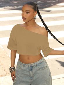 Denimoi Off Shoulder Raw Edge Crop Top Fashionable Streetwear Lounge Wear Everyday Wear - Khaki - View 2