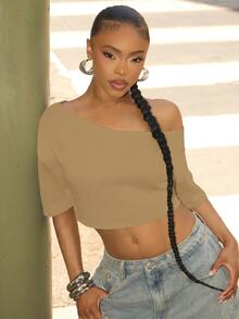 Denimoi Off Shoulder Raw Edge Crop Top Fashionable Streetwear Lounge Wear Everyday Wear - Khaki - View 4