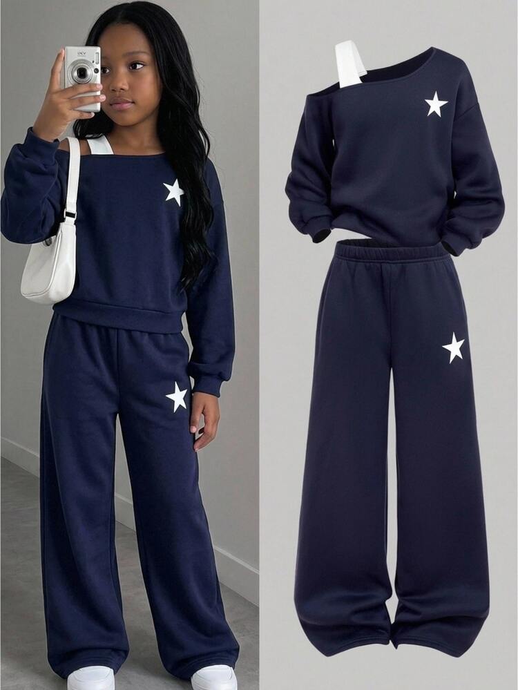 SHEIN Kids Tween Girl Autumn/Winter Navy Blue Sweatshirt Set, Asymmetric V-Neck Camisole Top With Star Print + Elastic Waist Straight Leg Pants 2-Piece Set, Suitable For School Casual Wear - Royal Blue - View 7