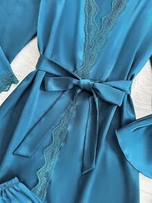 SilkySpell 4pcs Pajama Set Lace Patchwork Faux Silk Camisole, Shorts, Pants And Belted Robe, Fall Winter Clothes - Teal Blue - View 6