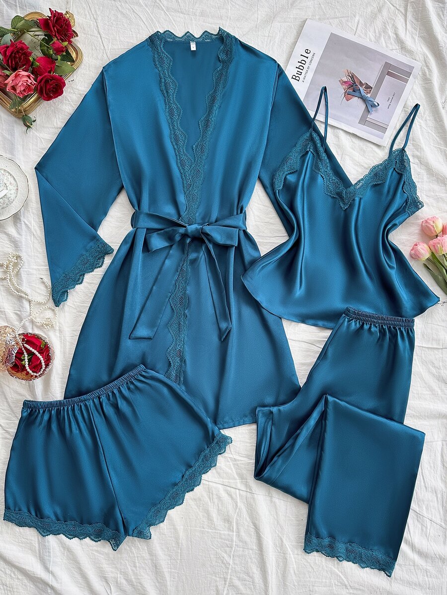 SilkySpell 4pcs Pajama Set Lace Patchwork Faux Silk Camisole, Shorts, Pants And Belted Robe, Fall Winter Clothes - Teal Blue - View 1