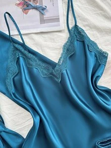 SilkySpell 4pcs Pajama Set Lace Patchwork Faux Silk Camisole, Shorts, Pants And Belted Robe, Fall Winter Clothes - Teal Blue - View 3