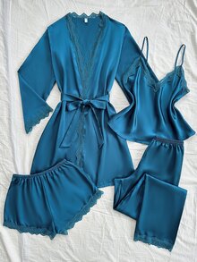 SilkySpell 4pcs Pajama Set Lace Patchwork Faux Silk Camisole, Shorts, Pants And Belted Robe, Fall Winter Clothes - Teal Blue - View 5