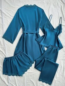 SilkySpell 4pcs Pajama Set Lace Patchwork Faux Silk Camisole, Shorts, Pants And Belted Robe, Fall Winter Clothes - Teal Blue - View 2