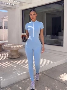Gameset SHEIN Sport Jumpsuit Atletik Lengan Pendek Slim Fit Warna Polos - Biru - View 4