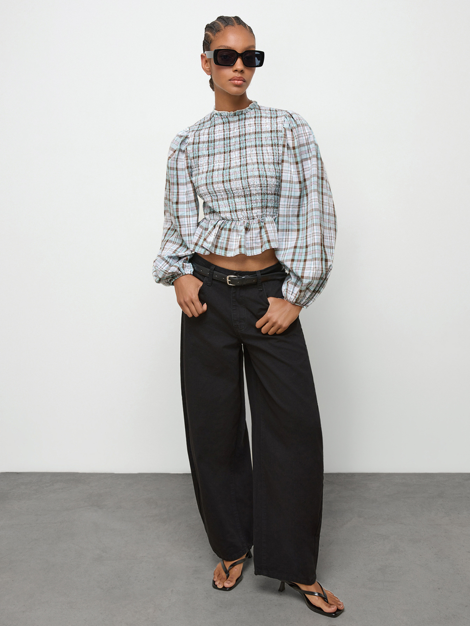 SHEIN Maija Summer Fall Blue Plaid Women's Top With Lantern Sleeves Ruffle Trim, Slim Fit Casual Country Going Out