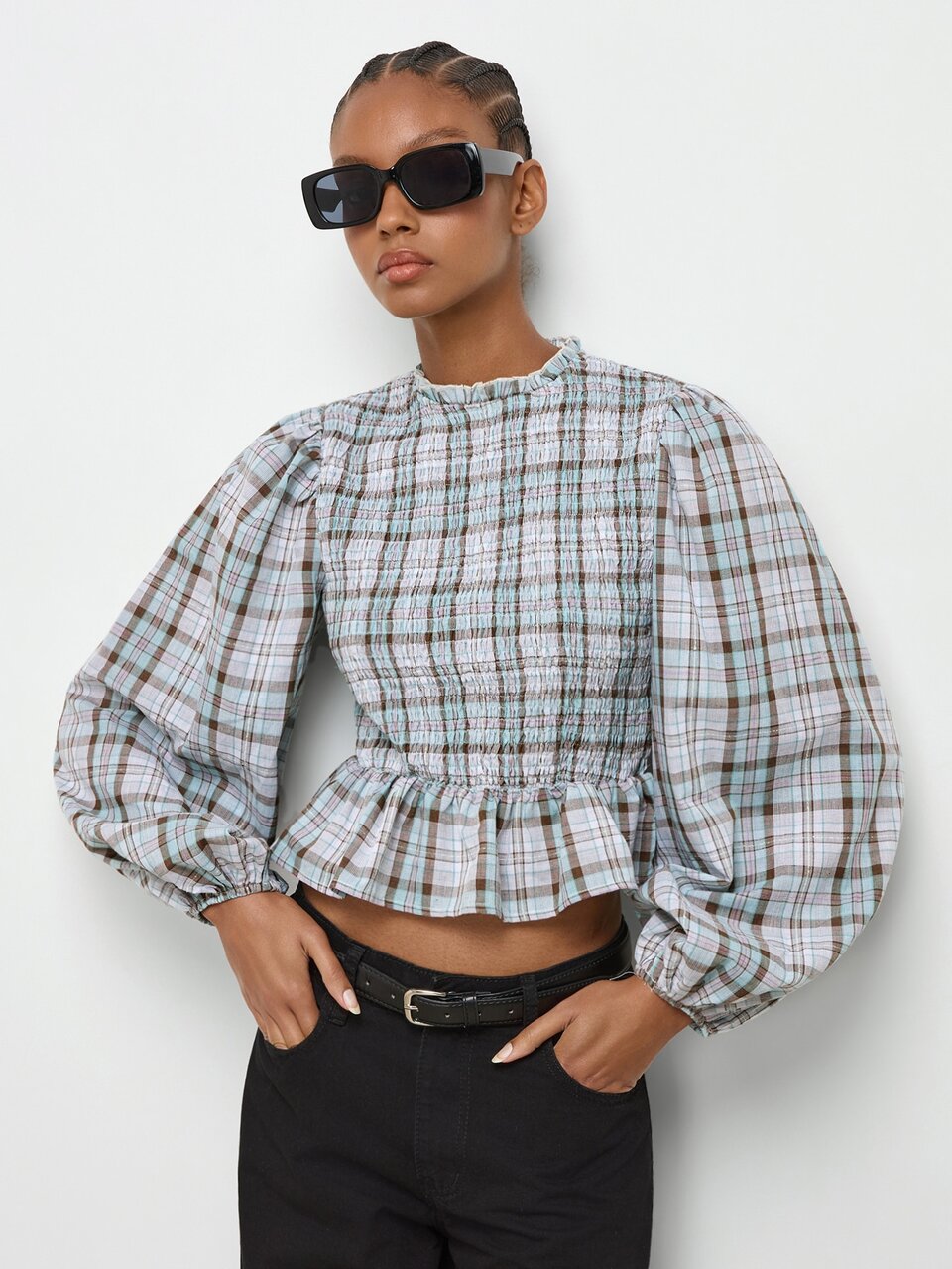 SHEIN Maija Summer Fall Blue Plaid Women's Top With Lantern Sleeves Ruffle Trim, Slim Fit Casual Country Going Out