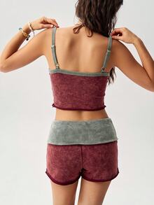Bohemela Setelan 2 Potong Camisole Pendek Patchwork Colorblock Wanita untuk Liburan Pantai, Merah Marun, Musim Panas Kasual, Tropis, Boho - Burgundy - View 3