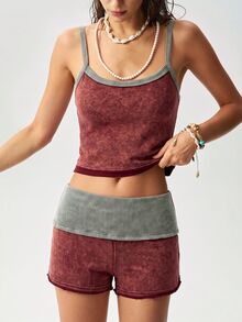 Bohemela Setelan 2 Potong Camisole Pendek Patchwork Colorblock Wanita untuk Liburan Pantai, Merah Marun, Musim Panas Kasual, Tropis, Boho - Burgundy - View 4