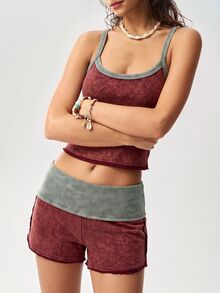 Bohemela Setelan 2 Potong Camisole Pendek Patchwork Colorblock Wanita untuk Liburan Pantai, Merah Marun, Musim Panas Kasual, Tropis, Boho - Burgundy - View 7
