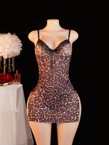 SomedayCozy 2pcs Set Sexy Leopard Print Mesh Lace Ruched Slit Slip Dress For Going Out ClassicAnimalPrint - Multicolor - View 7
