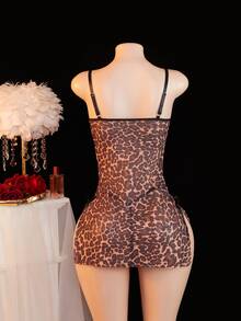 SomedayCozy 2pcs Set Sexy Leopard Print Mesh Lace Ruched Slit Slip Dress For Going Out ClassicAnimalPrint - Multicolor - View 2