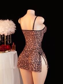 SomedayCozy 2pcs Set Sexy Leopard Print Mesh Lace Ruched Slit Slip Dress For Going Out ClassicAnimalPrint - Multicolor - View 8
