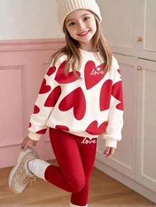 Sweet Oat Color Set, Abstract Geometric Heart Pattern Print, Tween Girl Casual Comfortable Soft Warm Crew Neck Long Sleeve Sweatshirt & Leggings, Suitable For Autumn/Winter Daily Wear, Maillard Color Palette, Holiday, Cozy Season - White - View 4