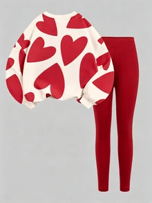 Sweet Oat Color Set, Abstract Geometric Heart Pattern Print, Tween Girl Casual Comfortable Soft Warm Crew Neck Long Sleeve Sweatshirt & Leggings, Suitable For Autumn/Winter Daily Wear, Maillard Color Palette, Holiday, Cozy Season - White - View 3